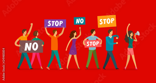 People participate in public protest. Demonstration, strike concept. Cartoon vector Illustration