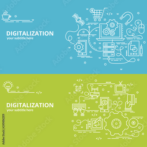 Flat colorful design concept for Digitilization. Infographic idea of making creative products. Template for website banner, flyer and poster..
