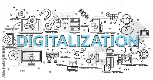 Flat colorful design concept for Digitilization. Infographic idea of making creative products. Template for website banner, flyer and poster..