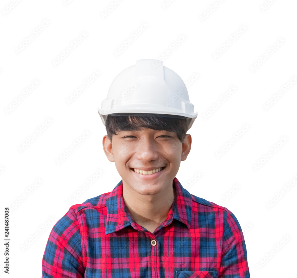 Engineer smile construction wear white safety helmet plastic. on white background Engineer smile construction wear white safety helmet plastic. on white background