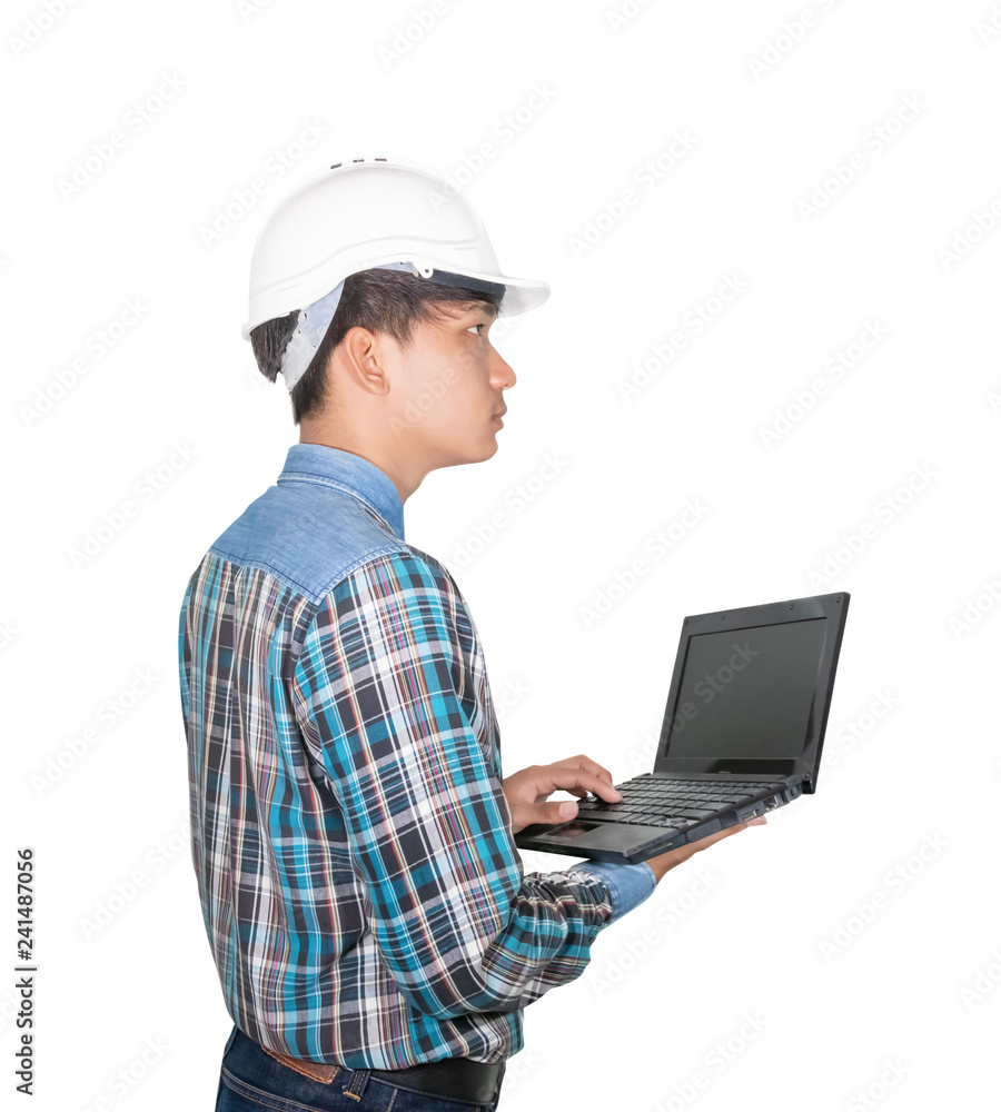 Engineer while holding using Laptop and head wear white safety helmet plastic . Concept Work construction on white background