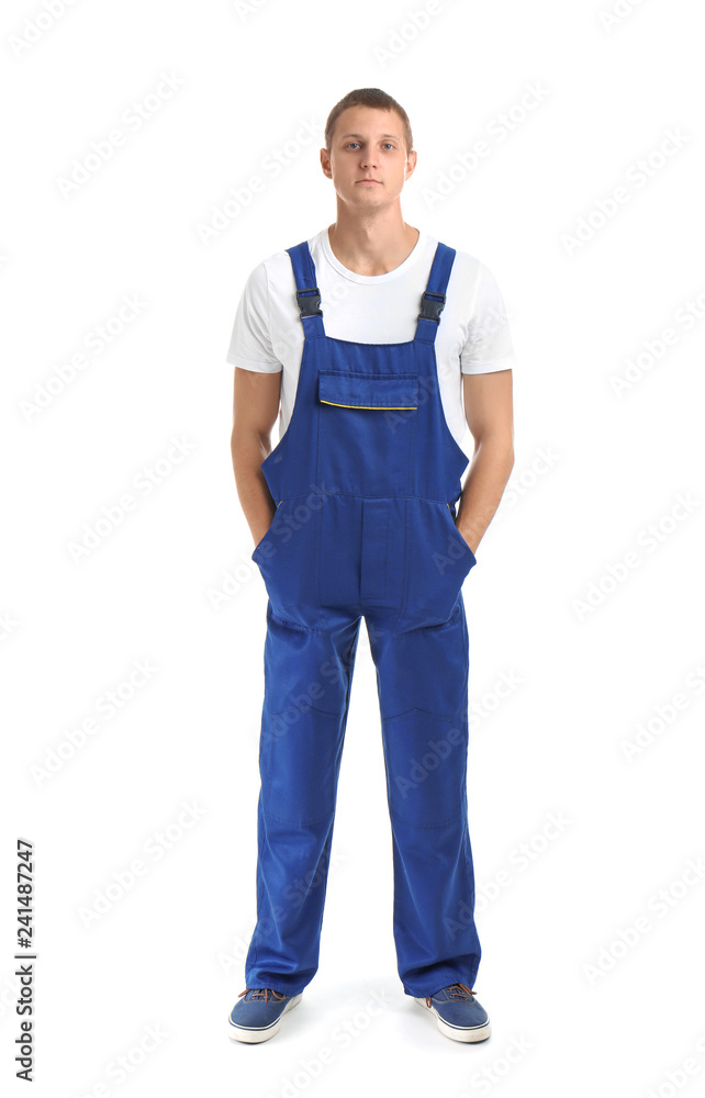 Full length portrait of electrician wearing uniform on white background Full length portrait of electrician wearing uniform on white background