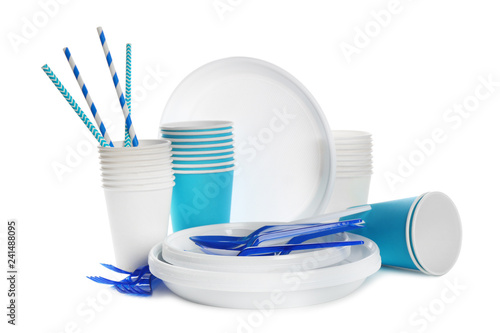 Plastic dishware isolated on white. Picnic table setting