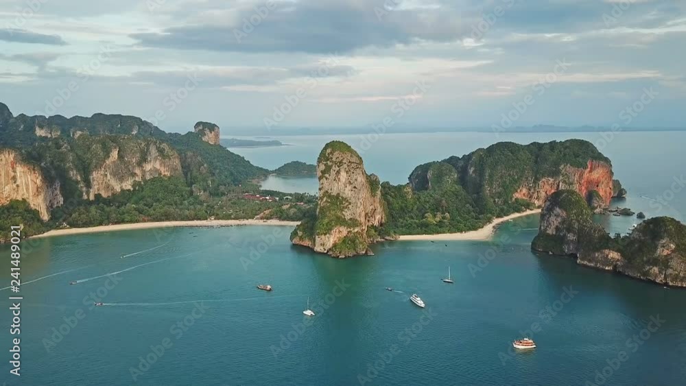 Aerial view of tropical turquoise lagoon, beach between rocks and islands, Krabi, Railay, Thailand Aerial view of tropical turquoise lagoon, beach between rocks and islands, Krabi, Railay, Thailand
