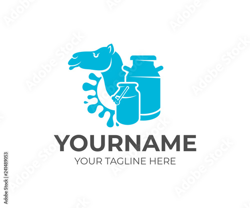Camel, milk cans and splash milk, logo design. Dairy farm, milk farm, cattle breeding and stock raising, vector design and illustration