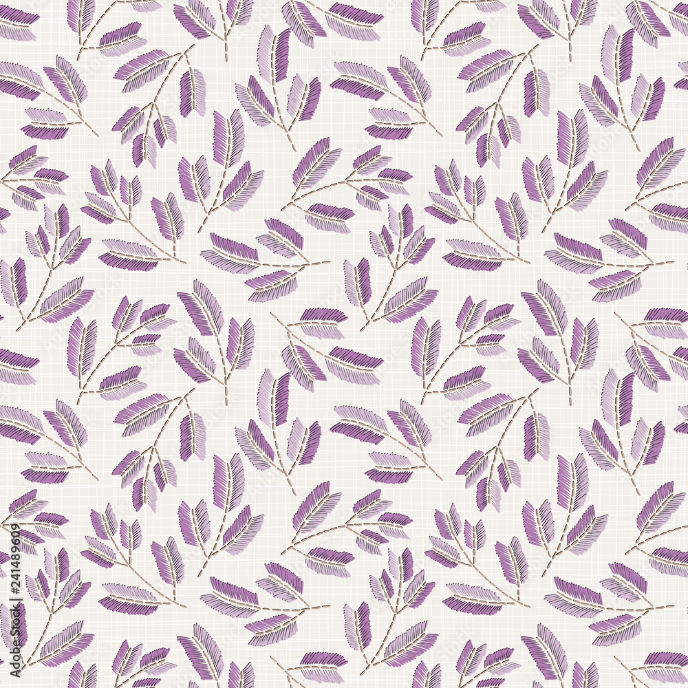 Fototapeta premium Embroidery floral seamless pattern on linen cloth texture