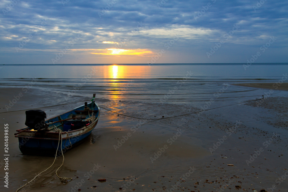 Sunrise morning in beach Tap Skeal and boat Sunrise morning in beach Tap Skeal and boat