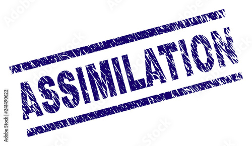 ASSIMILATION seal watermark with distress style. Blue vector rubber print of ASSIMILATION text with grunge texture. Text caption is placed between parallel lines.
