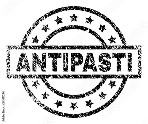ANTIPASTI stamp seal watermark with distress style. Designed with rectangle, circles and stars. Black vector rubber print of ANTIPASTI text with scratched texture.