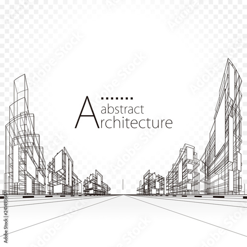 3D illustration architecture building perspective lines, modern urban architecture abstract background design.  