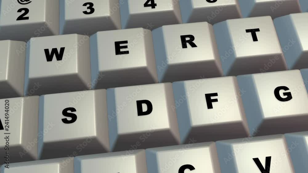 Computer keyboard , keys . Clean surface. Extreme close up, macro view. Camera fly over. 3d animation Computer keyboard , keys . Clean surface. Extreme close up, macro view. Camera fly over. 3d animation