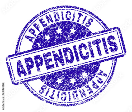 APPENDICITIS stamp seal imprint with grunge style. Designed with rounded rectangles and circles. Blue vector rubber print of APPENDICITIS label with grunge texture.