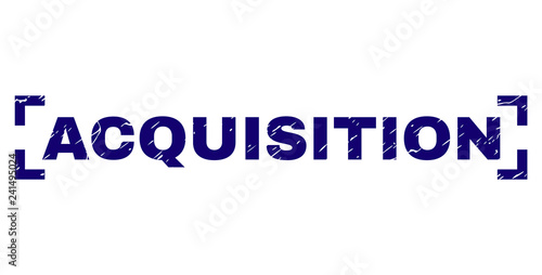 ACQUISITION text seal print with corroded texture. Text caption is placed between corners. Blue vector rubber print of ACQUISITION with dirty texture.