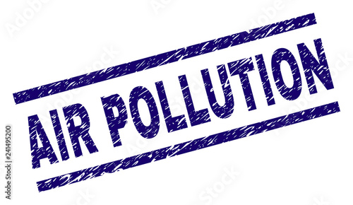 AIR POLLUTION seal print with distress style. Blue vector rubber print of AIR POLLUTION caption with unclean texture. Text caption is placed between parallel lines.