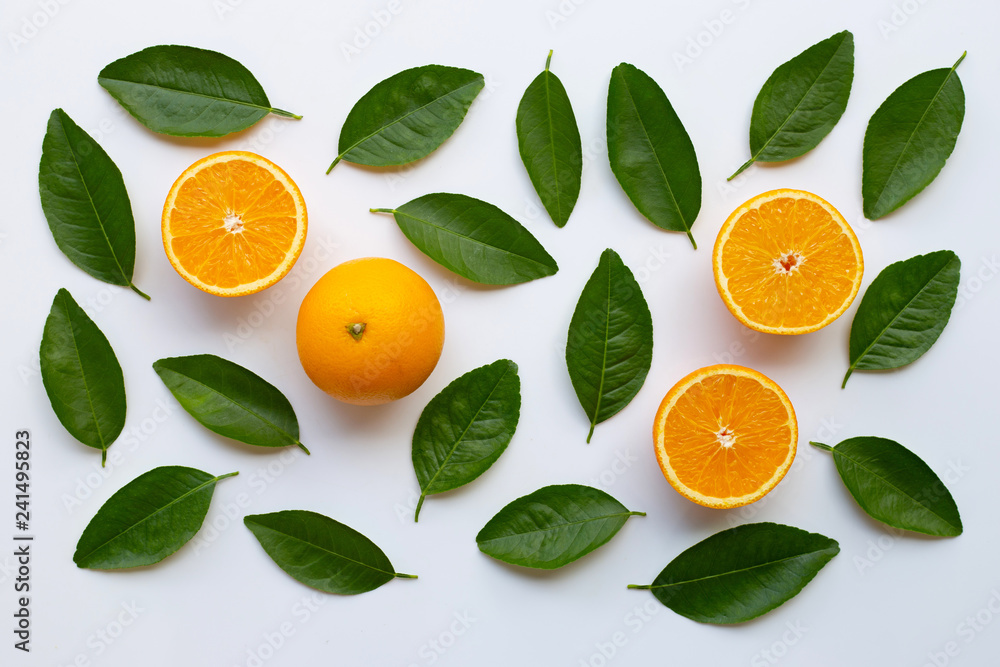 Oranges with green leaves on white Oranges with green leaves on white