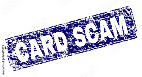 CARD SCAM stamp seal print with grunge texture. Seal shape is a rounded rectangle with frame. Blue vector rubber print of CARD SCAM tag with dust texture.