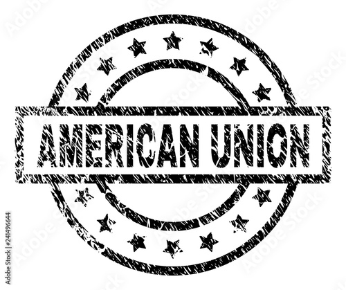 AMERICAN UNION stamp seal watermark with distress style. Designed with rectangle, circles and stars. Black vector rubber print of AMERICAN UNION title with unclean texture.