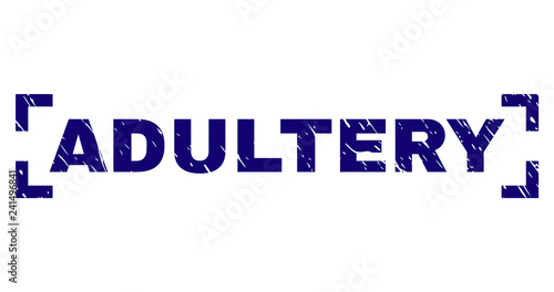 ADULTERY text seal print with corroded effect. Text tag is placed inside corners. Blue vector rubber print of ADULTERY with dust texture.