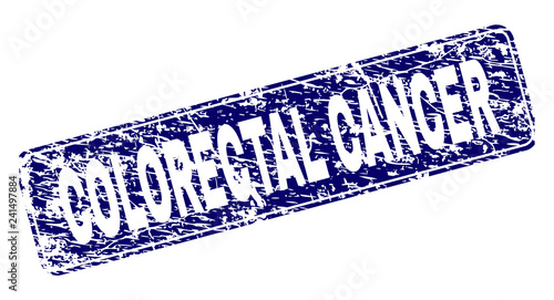 COLORECTAL CANCER stamp seal print with distress texture. Seal shape is a rounded rectangle with frame. Blue vector rubber print of COLORECTAL CANCER caption with dirty texture.