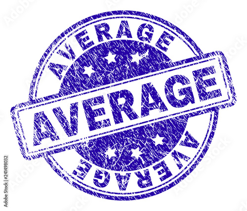 AVERAGE stamp seal watermark with distress texture. Designed with rounded rectangles and circles. Blue vector rubber print of AVERAGE tag with unclean texture.