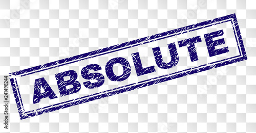 ABSOLUTE stamp seal print with corroded style and double framed rectangle shape. Stamp is placed on a transparent background. Blue vector rubber print of ABSOLUTE caption with unclean texture.