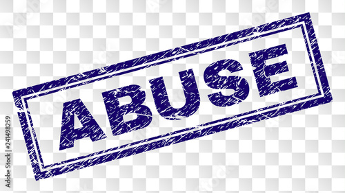 ABUSE stamp seal print with corroded style and double framed rectangle shape. Stamp is placed on a transparent background. Blue vector rubber print of ABUSE title with grunge texture.