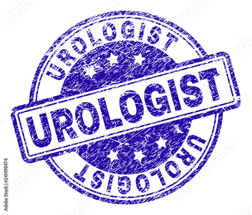 UROLOGIST stamp seal imprint with distress texture. Designed with rounded rectangles and circles. Blue vector rubber print of UROLOGIST caption with retro texture.