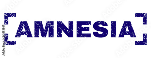 AMNESIA caption seal print with grunge style. Text caption is placed inside corners. Blue vector rubber print of AMNESIA with scratched texture.