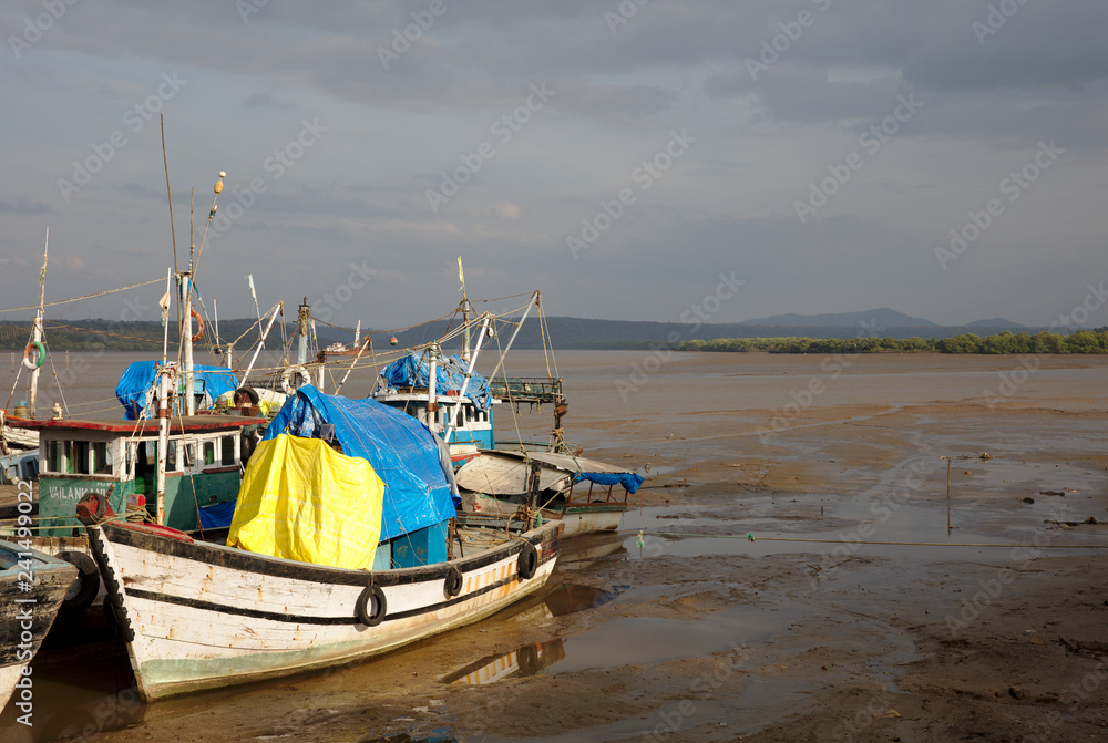Naklejka premium 3105 Fishing boats in low tide in evening sun