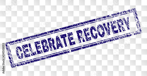 CELEBRATE RECOVERY stamp seal watermark with rubber print style and double framed rectangle shape. Stamp is placed on a transparent background.