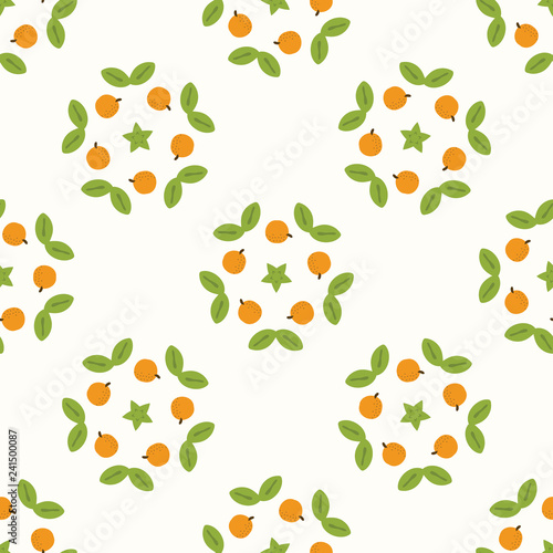 Juicy whole orange citrus fruit wreath with leaves. Hand drawn seamless vector pattern illustration. Fresh tropical food design grove harvest background. 