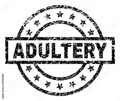 ADULTERY stamp seal watermark with distress style. Designed with rectangle, circles and stars. Black vector rubber print of ADULTERY caption with unclean texture.