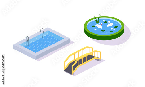 City pond with swans, bridge over river, pool with stairs.