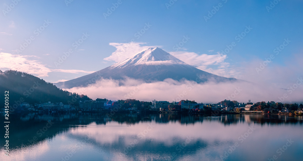Panorama view of beautiful mt.Fuji in the morning , View from lake Kawagushiko , Japan