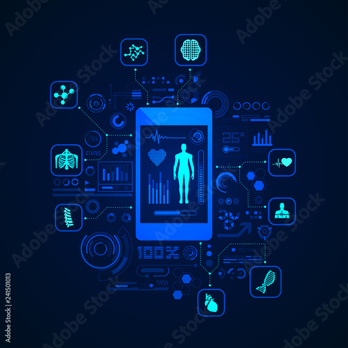 concept of e-health or telemedicine, graphic of health care application on device with medical icons