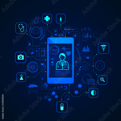 concept of e-health or telemedicine, graphic of a doctor on health care application with medical icons