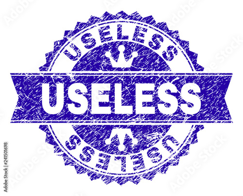 USELESS rosette stamp seal watermark with grunge style. Designed with round rosette, ribbon and small crowns. Blue vector rubber watermark of USELESS label with dirty texture.