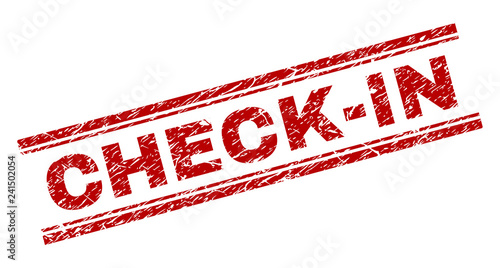 CHECK-IN seal print with distress texture. Red vector rubber print of CHECK-IN caption with dirty texture. Text label is placed between double parallel lines.