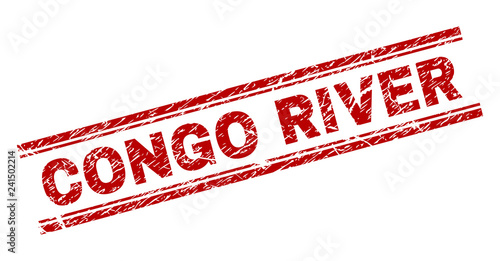 CONGO RIVER seal print with grunge texture. Red vector rubber print of CONGO RIVER text with unclean texture. Text caption is placed between double parallel lines.