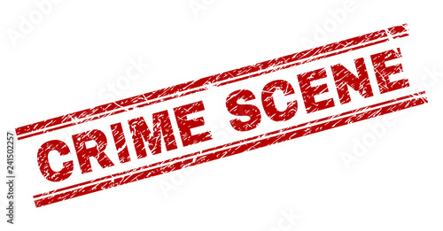 CRIME SCENE seal print with grunge effect. Red vector rubber print of CRIME SCENE text with grunge texture. Text label is placed between double parallel lines.