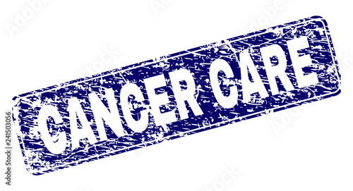 CANCER CARE stamp seal print with distress style. Seal shape is a rounded rectangle with frame. Blue vector rubber print of CANCER CARE tag with scratched style.