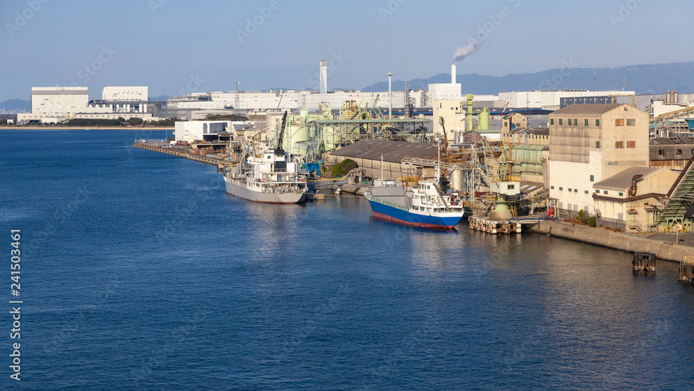 industrial facilities and port and corgo ship osaka japan