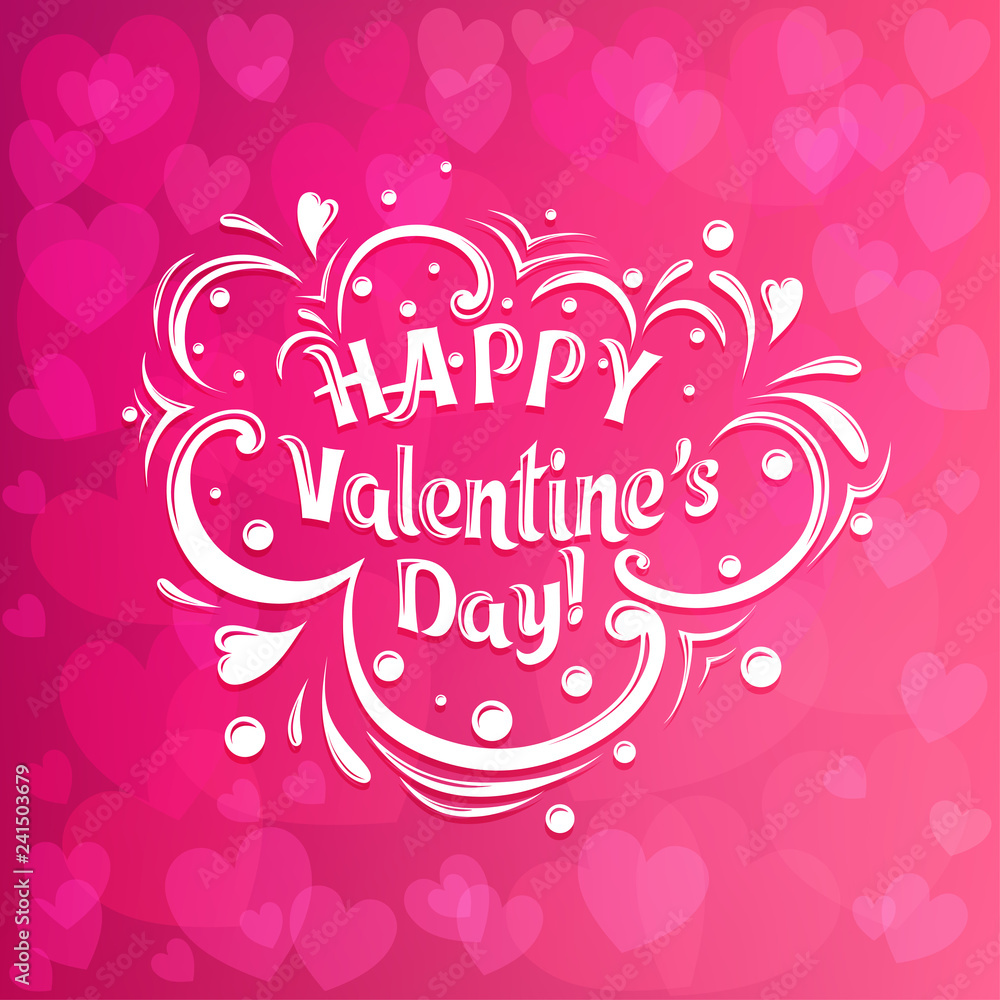 Happy Valentines Day typography poster with handwritten calligraphy text on red-pink background with hearts. Eps 10 vector