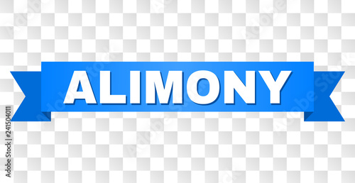 ALIMONY text on a ribbon. Designed with white caption and blue stripe. Vector banner with ALIMONY tag on a transparent background.