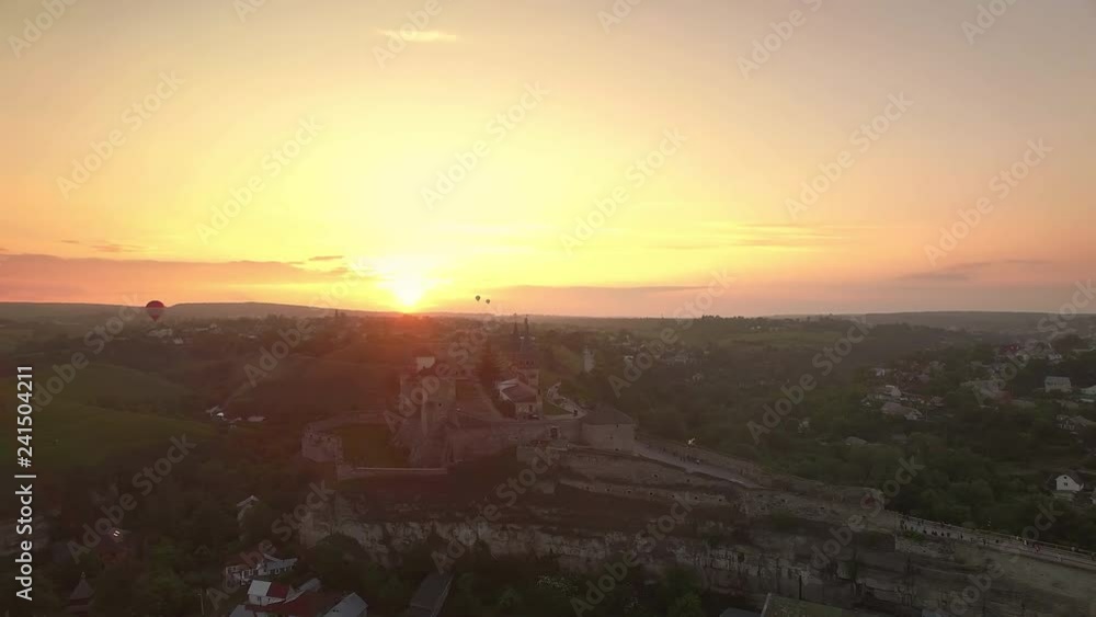 air balloons flying over Kamianets-Podilskyi Castle in Ukraine air balloons flying over Kamianets-Podilskyi Castle in Ukraine