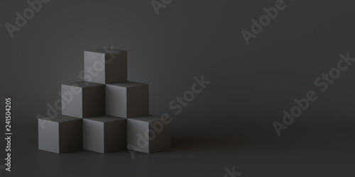 Black cube boxes with dark wall background. 3D rendering.