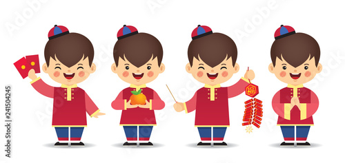 Set of cute cartoon chinese boy in different pose isolated on white background. Chinese new year character in flat vector design.