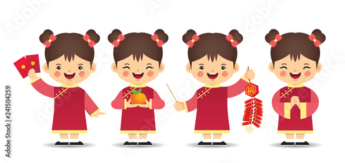 Set of cute cartoon chinese girl in different pose isolated on white background. Chinese new year character in flat vector design.