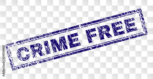 CRIME FREE stamp seal imprint with rubber print style and double framed rectangle shape. Stamp is placed on a transparent background.