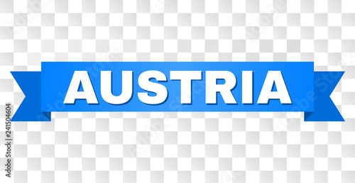 AUSTRIA text on a ribbon. Designed with white caption and blue tape. Vector banner with AUSTRIA tag on a transparent background.